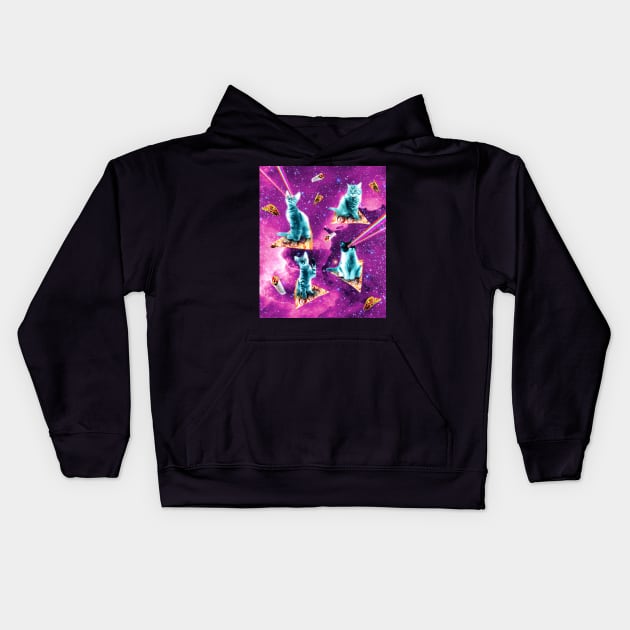 Outer Space Cats With Rainbow Laser Eyes Riding On Pizza Kids Hoodie by Random Galaxy